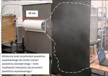 Rys. 6. Wizualizacja rozpływu powietrza wokół czerpniowyrzutni urządzenia Blauberg Freshbox 100, bieg I Fig. 6. Visualization of the air flow around the Blauberg Freshbox 100 intake / exhaust device, gear I