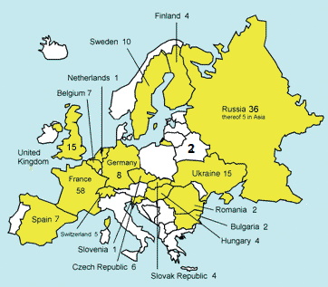 Fig1. Nuclear power blocks in Europe (Belaruss; 2 under construction) (http://www.euronuclear.org/info/encyclopedia/ images/npp-europe-1116.gif)