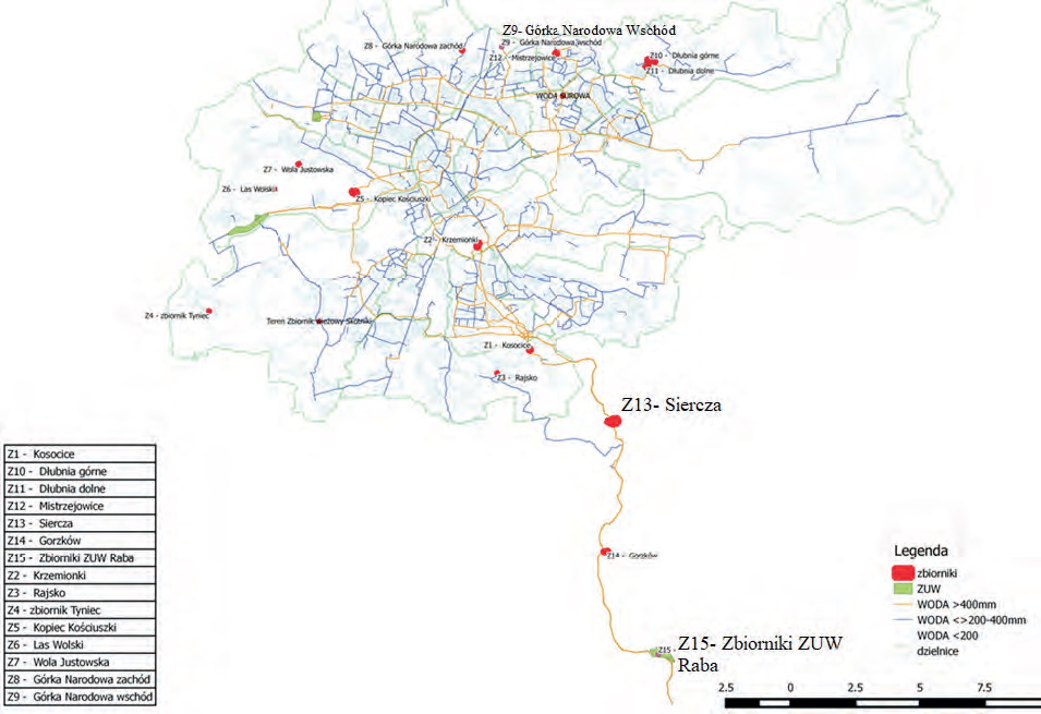 Rys.1. Lokalizacja zbiorników na sieci wodociągowej miasta Krakowa. [2]