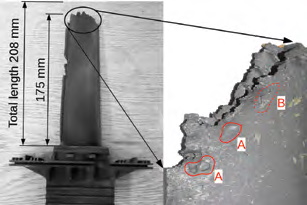 Figure 3 Macroscopic image of the damaged blade where we marked: A) dents and damage to the surface layer, B) damage indicating the beginning of the development of cracks in lowcycle fatigue process
