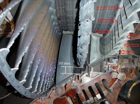 Figure 1 View of the 2nd stage following the failure with a characteristic even melting of the upper parts of the blades